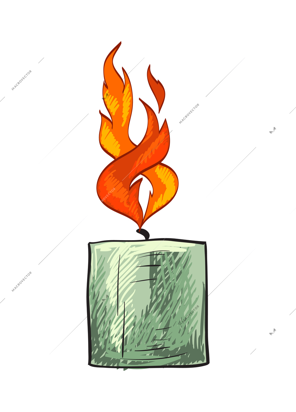 Candle composition with isolated sketch style icon of burning wax flame on blank background vector illustration