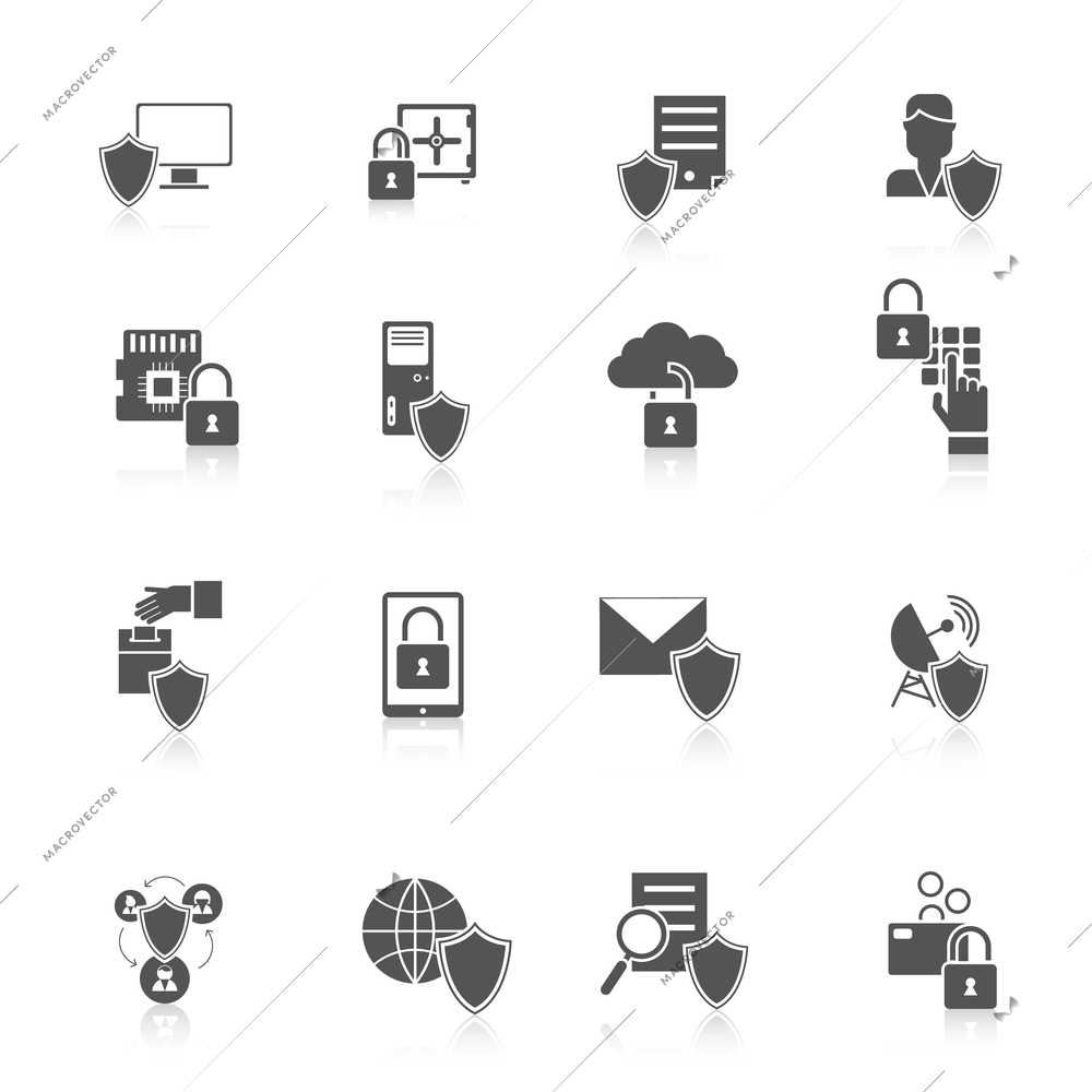 Information security data server cyber protection black icon set isolated vector illustration