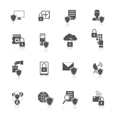 Information security data server cyber protection black icon set isolated vector illustration