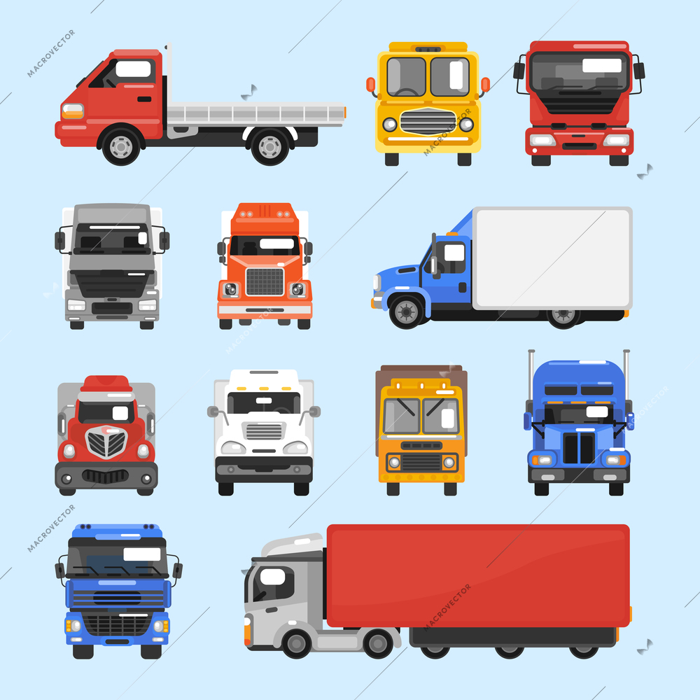 Truck auto delivery transport vehicles decorative icons flat set isolated vector illustration