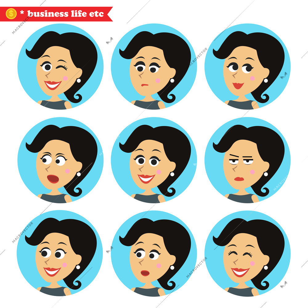 Business women life. Facial emotions icons set vector illustration