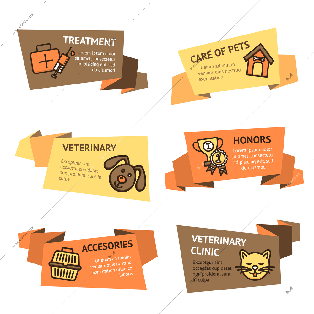 Veterinary paper banner set with pets treatment clinic accessories isolated vector illustration