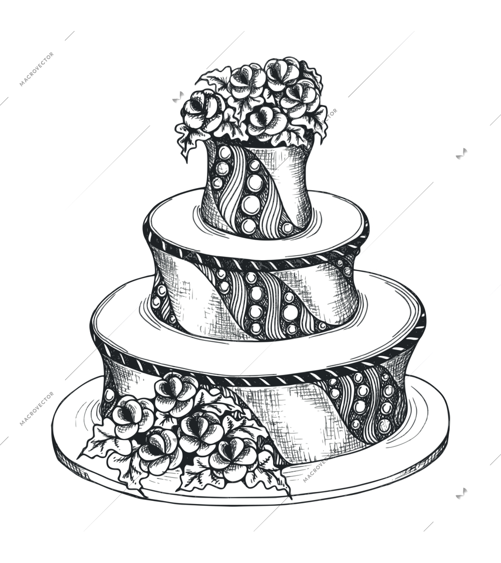 Wedding cake composition with isolated black image of ornate cake with decorations vector illustration