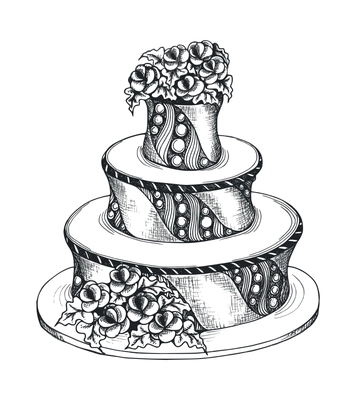 Wedding cake composition with isolated black image of ornate cake with decorations vector illustration