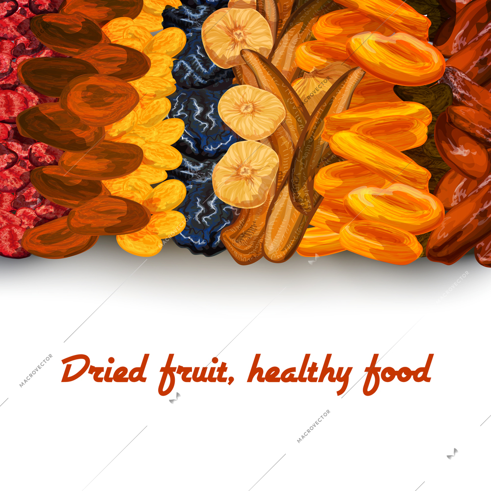 Decorative sun dried healthy diet fruit background banner print with dates apricots raisins and cherries vector illustration