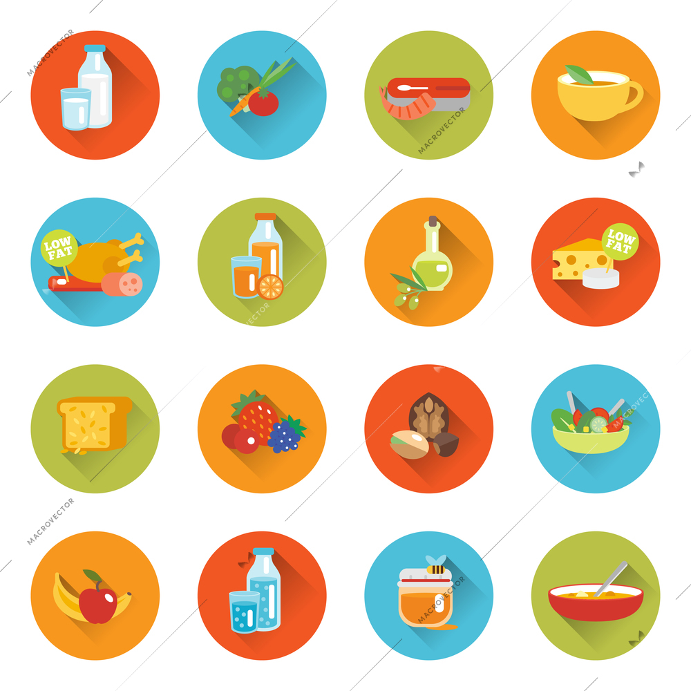 Healthy eating flat icons set with meat milk fish cheese isolated vector illustration