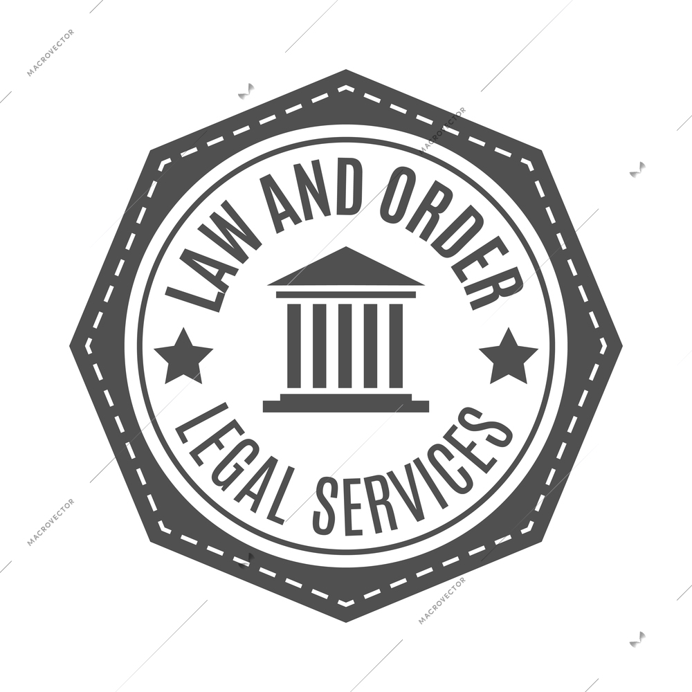 Label law composition with text and monochrome icons of court trial on blank background vector illustration