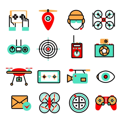 Drones and quadrocopters unmanned innovation flying vehicles icon set isolated vector illustration