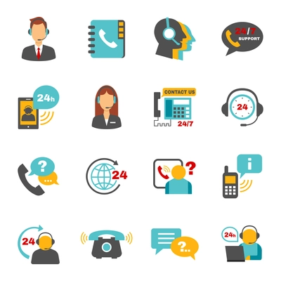 Contact us 24h support call center service flat icons set with operator headphone abstract vector isolated illustration