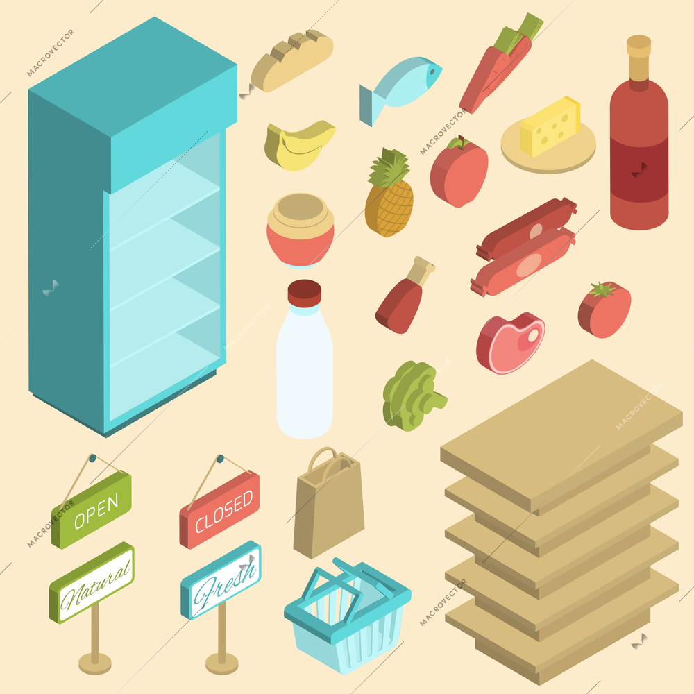 Supermarket icon isometric set with fresh grocery and empty shelves isolated vector illustration