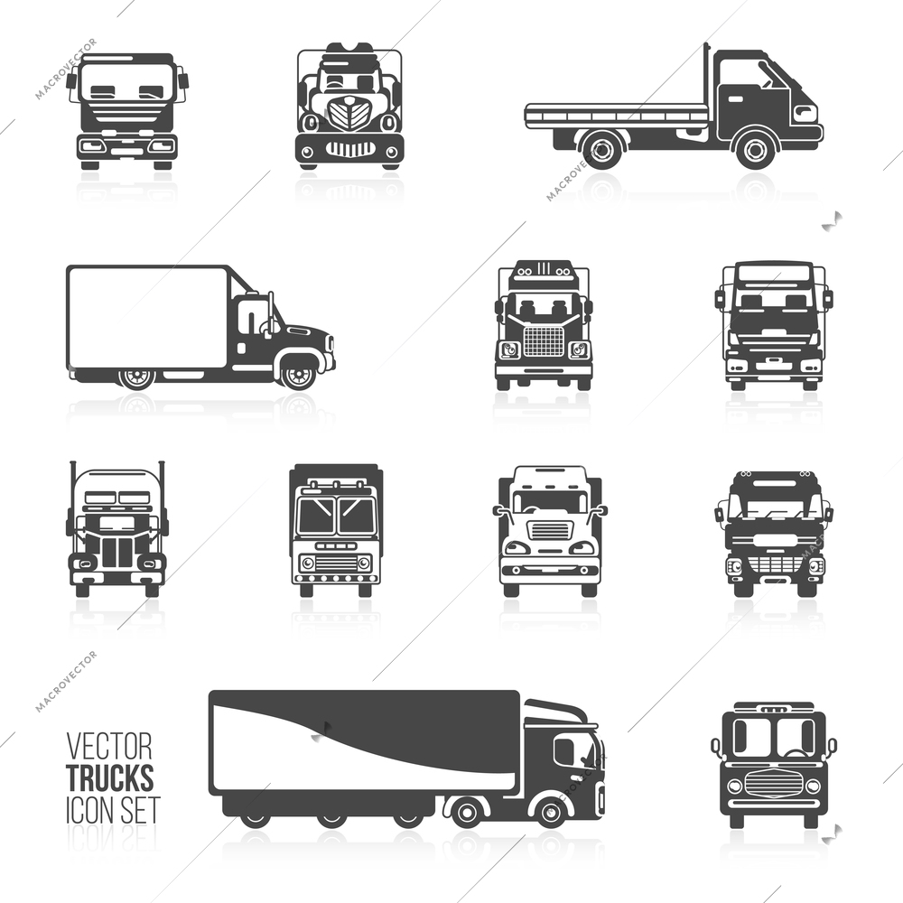 Trucks and delivery trailers automotive carriers decorative icons black set isolated vector illustration