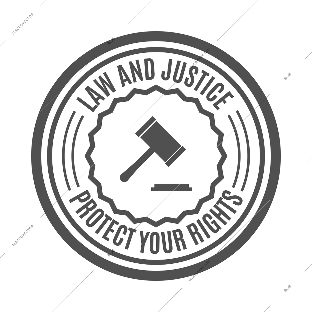 Label law composition with text and monochrome icons of court trial on blank background vector illustration