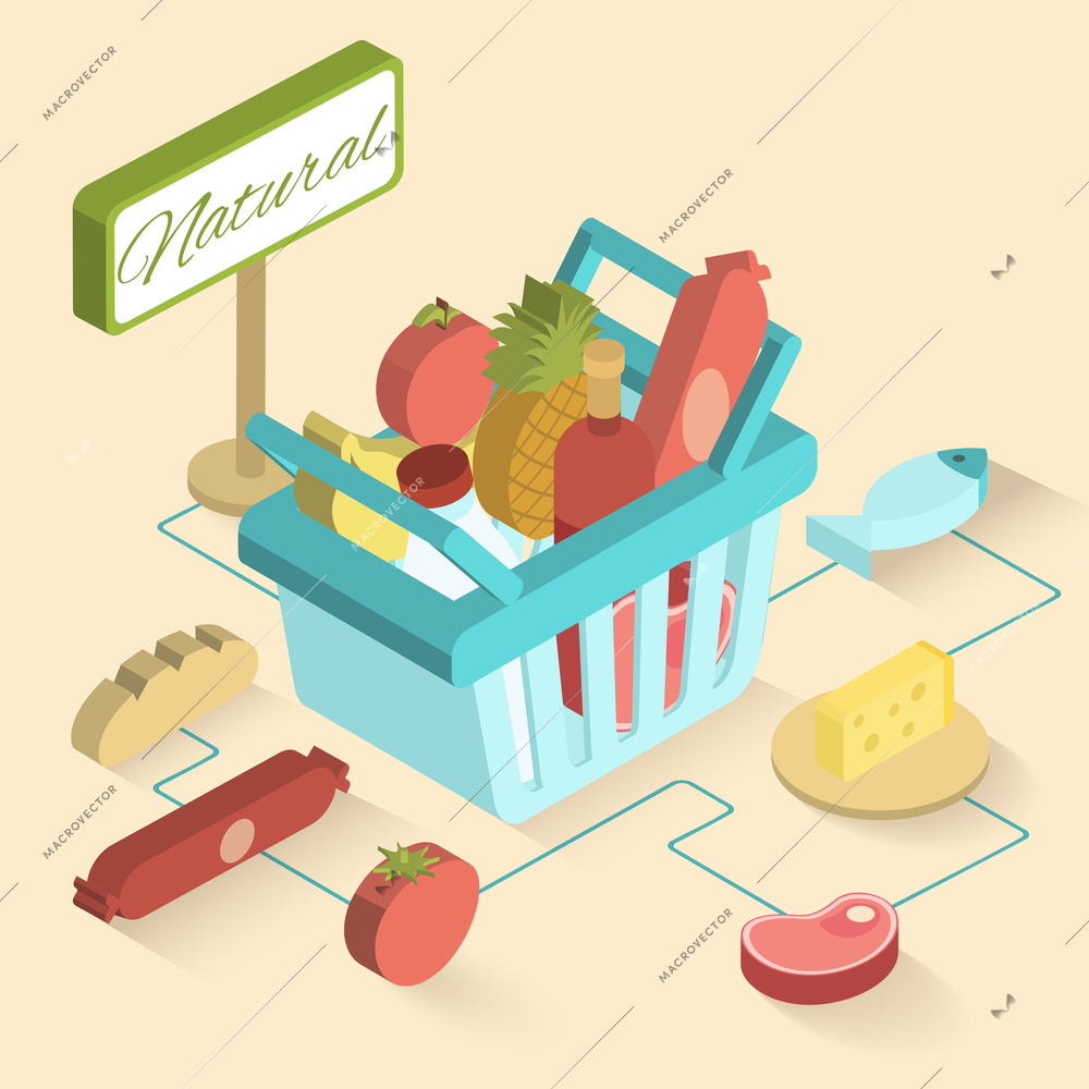 Supermarket basket isometric set with fresh natural food and drinks vector illustration