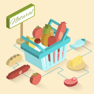 Supermarket basket isometric set with fresh natural food and drinks vector illustration