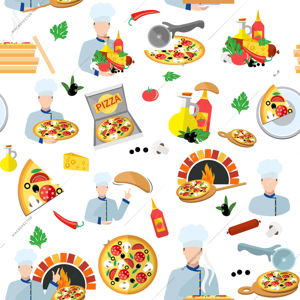 Pizza maker seamless pattern with fresh food box and chef cook vector illustration