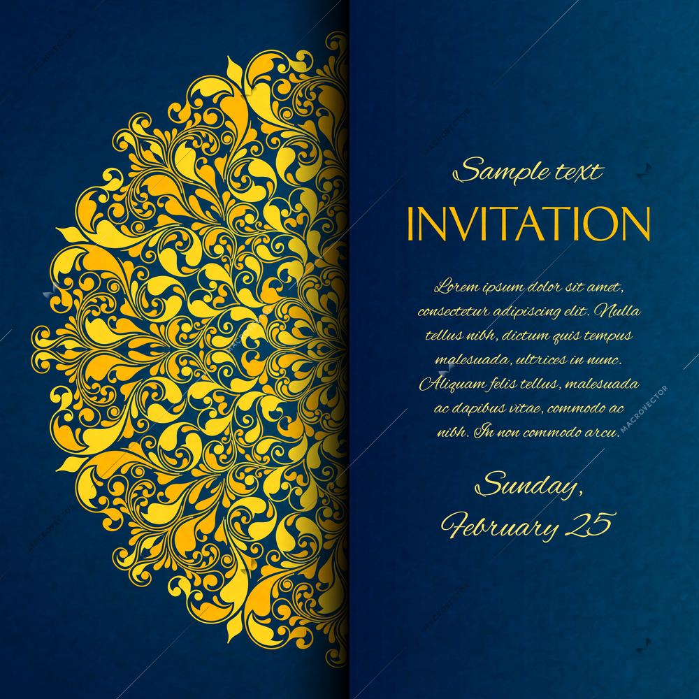 Ornamental blue with gold embroidery invitation card template vector illustration