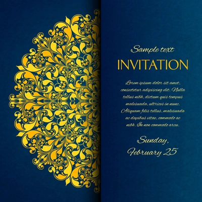 Ornamental blue with gold embroidery invitation card template vector illustration