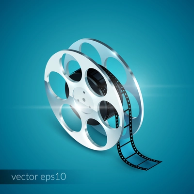 Film reel realistic 3d isolated icon on blue background vector illustration