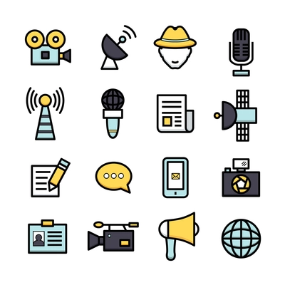News reporter newspaper journalist television interview icons set isolated vector illustration