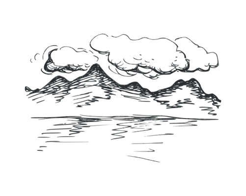 Mountain landscape doodle composition with isolated hand drawn style monochrome image vector illustration