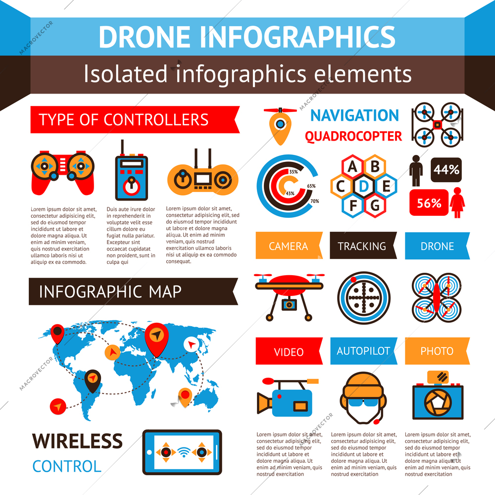 Drone inforagraphic set with quadrocopters controllers tracking icons and charts vector illustration