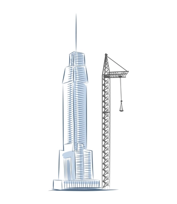 Skyscrapers construction composition with sketch style images of pillar crane and tall building vector illustration