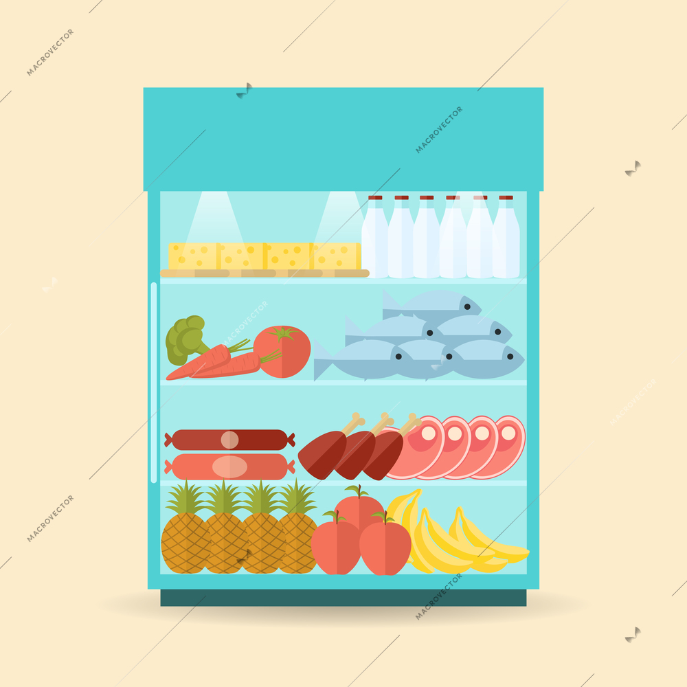 Supermarket shelf flat with natural healthy food items and drink bottles vector illustration