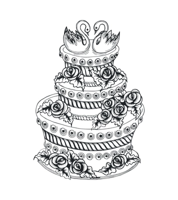 Wedding cake composition with isolated black image of ornate cake with decorations vector illustration