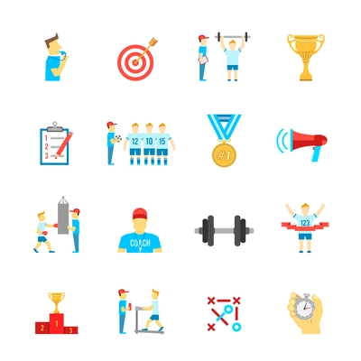 Coaching football team planning boxing training flat icons set with trophy winner abstract isolated vector illustration