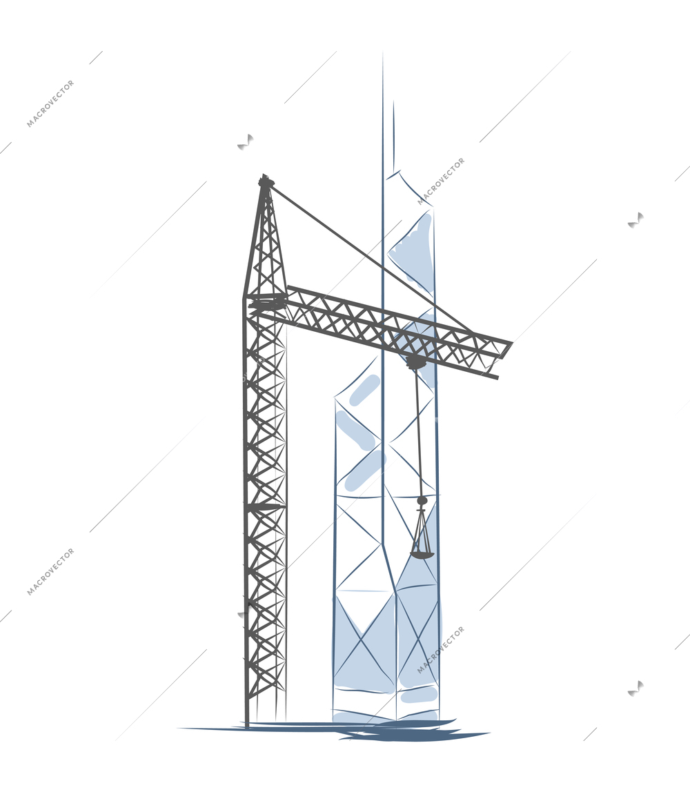 Skyscrapers construction composition with sketch style images of pillar crane and tall building vector illustration