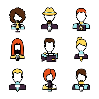 Journalist avatar mass media news reporter characters set isolated vector illustration