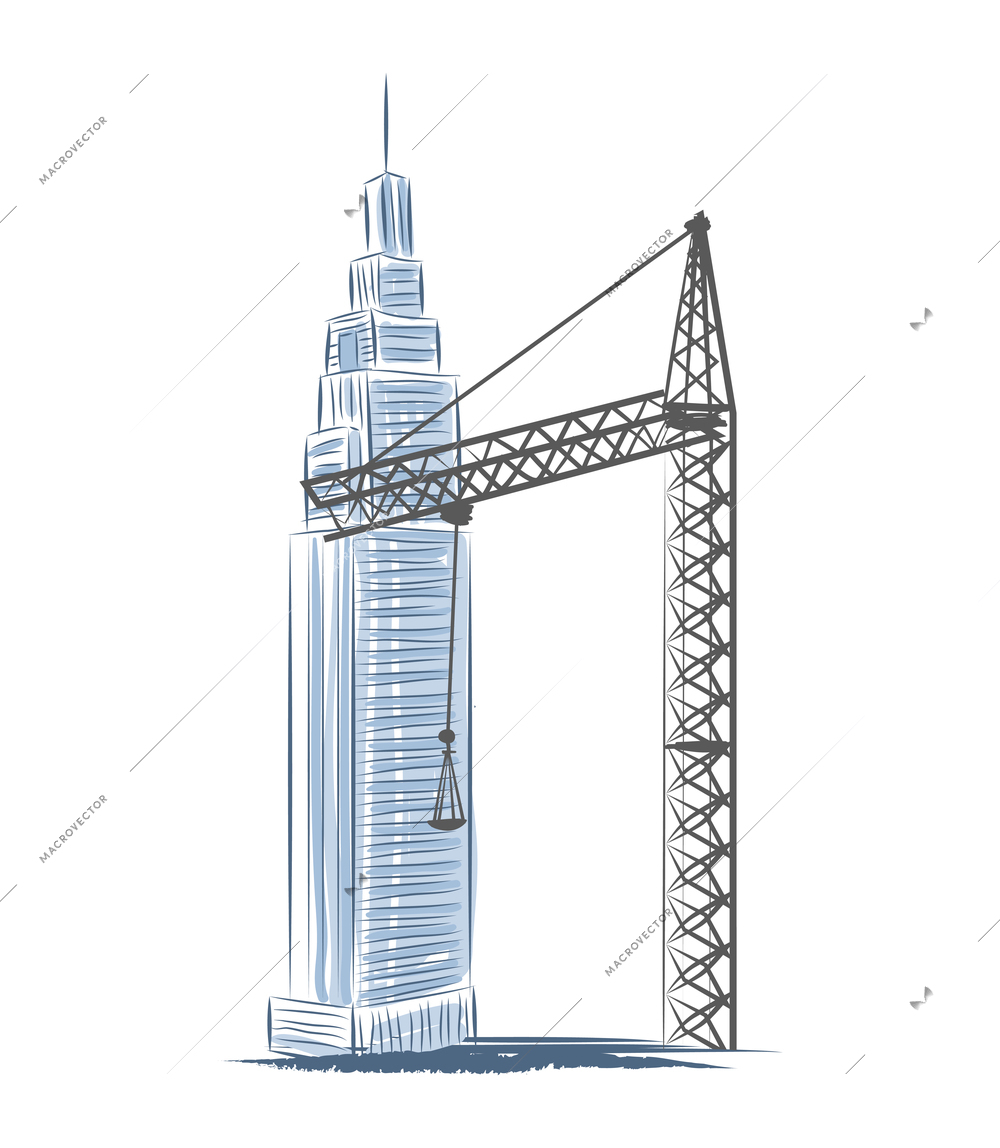 Skyscrapers construction composition with sketch style images of pillar crane and tall building vector illustration