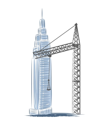 Skyscrapers construction composition with sketch style images of pillar crane and tall building vector illustration