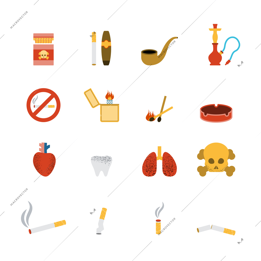 Smoking icon flat set with lighter tobacco pipe cigarette isolated vector illustration