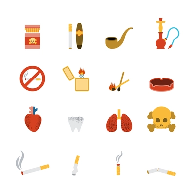 Smoking icon flat set with lighter tobacco pipe cigarette isolated vector illustration