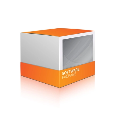 Realistic 3d orange carton software package box isolated on white background vector illustration