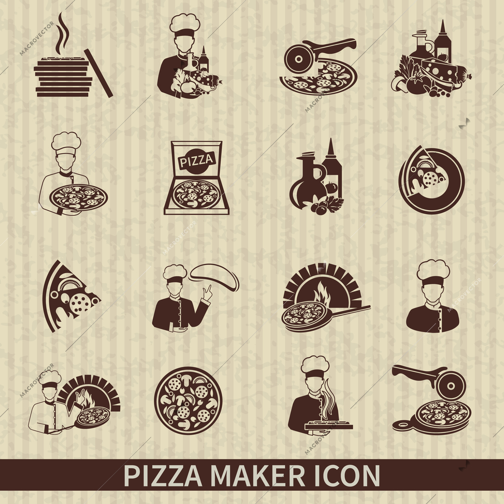 Pizza maker icon black set with perfect italian ingredients hot slice isolated vector illustration