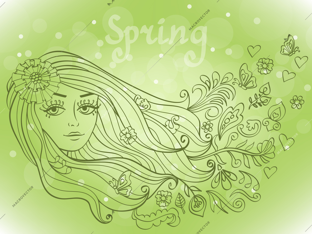 Spring girl portrait with blooming flowers and butterflies in her hairs vector illustration