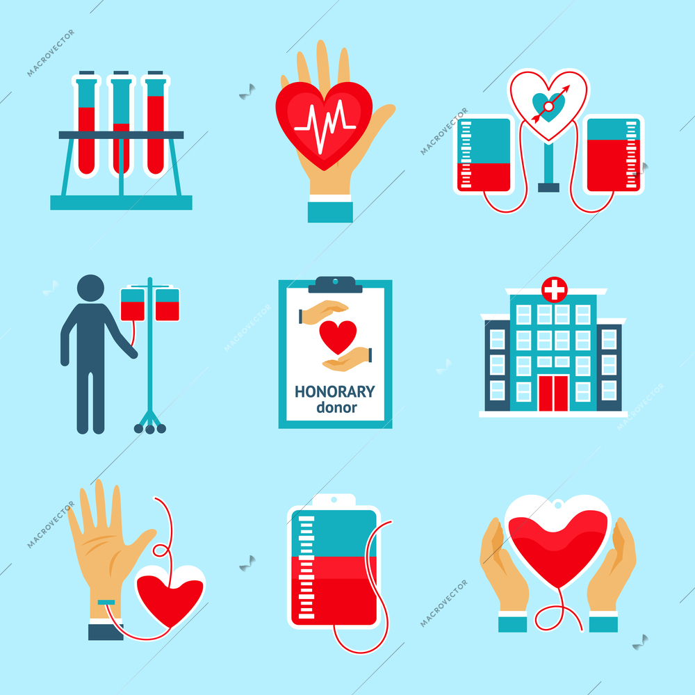 Donor icons set with blood donation lifesaving hospital assistance symbols isolated vector illustration