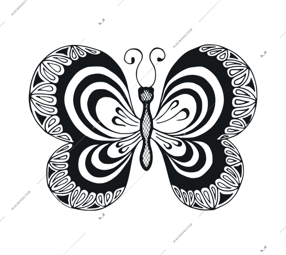 Butterfly black tattoo composition with isolated image of monochrome insect with ornate wings vector illustration