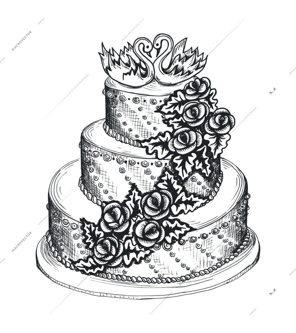 Wedding cake composition with isolated black image of ornate cake with decorations vector illustration