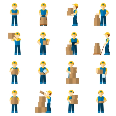 Delivery man courier person with carton boxes icon flat set isolated vector illustration