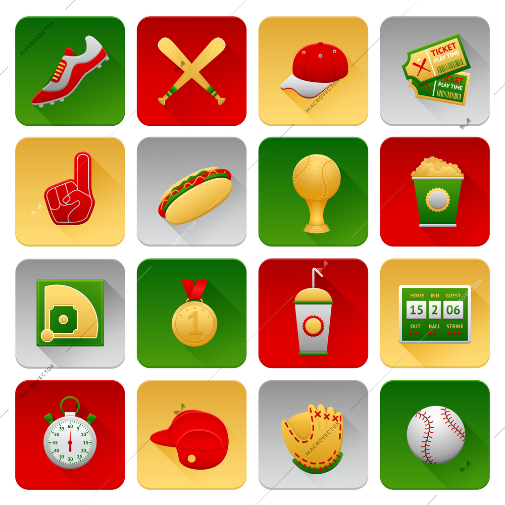 Baseball sport icons set with glove field hotdog hat isolated vector illustration