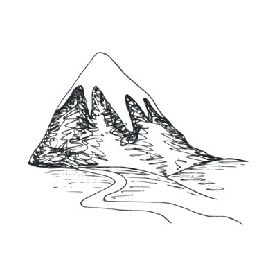 Mountain landscape doodle composition with isolated hand drawn style monochrome image vector illustration