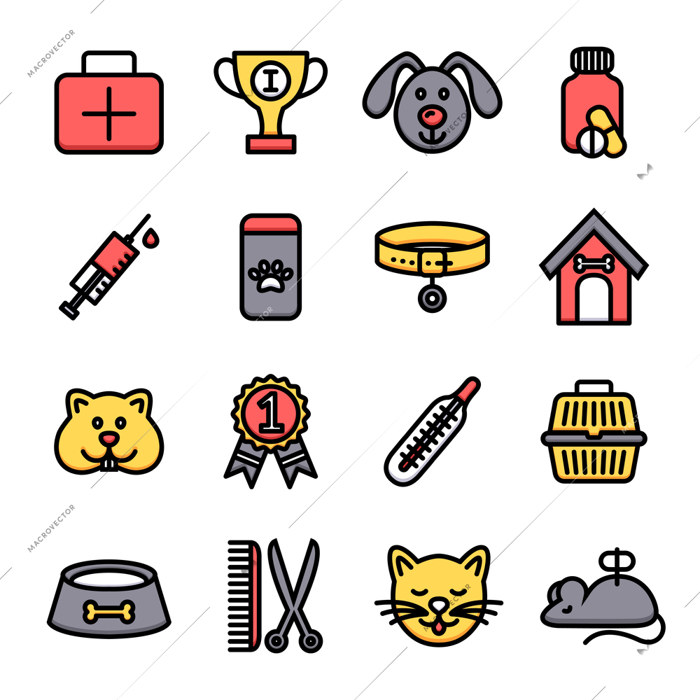 Veterinary icon set with vet clinic symbols and pets isolated vector illustration