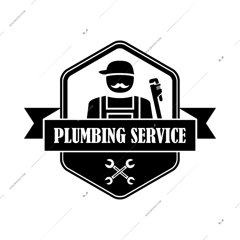 Plumbing service label composition with vintage style monochrome emblem vector illustration