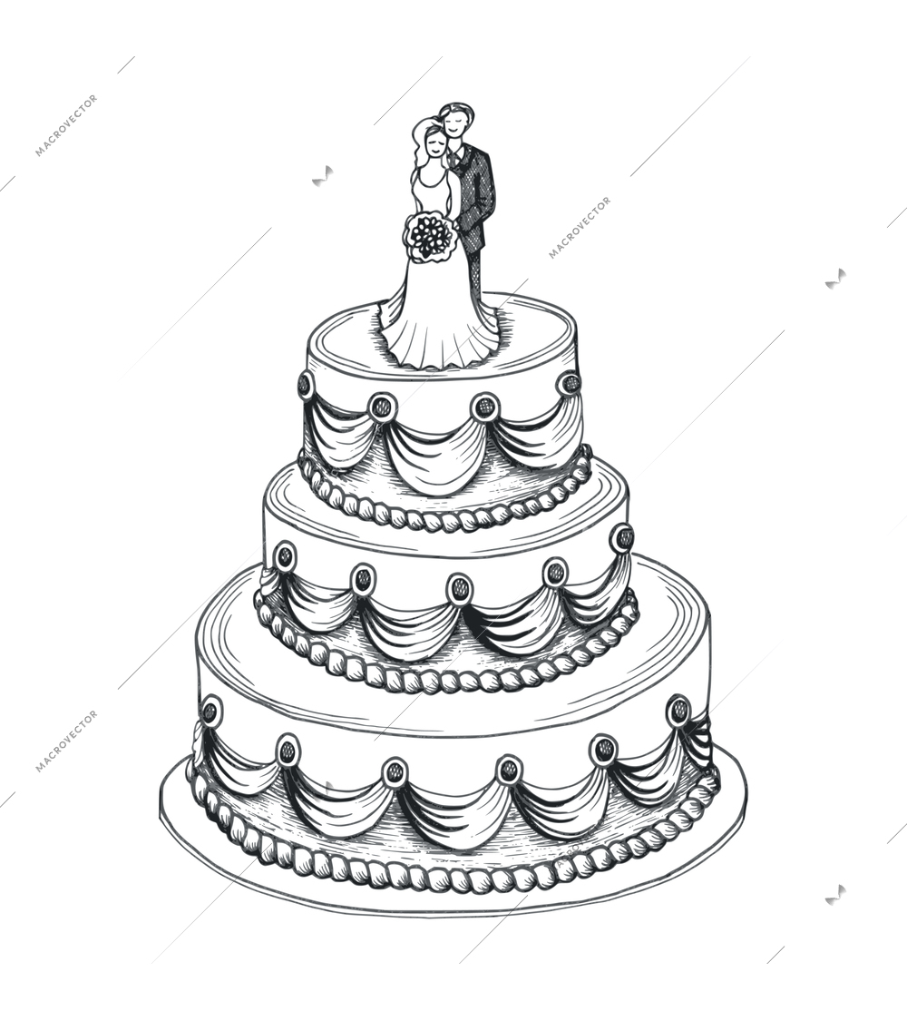 Wedding cake composition with isolated black image of ornate cake with decorations vector illustration