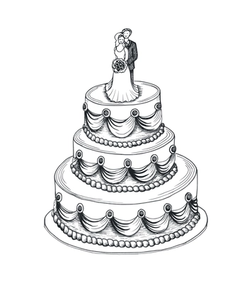 Wedding cake composition with isolated black image of ornate cake with decorations vector illustration