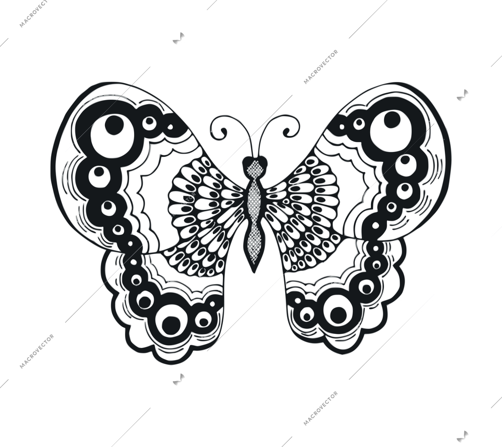 Butterfly black tattoo composition with isolated image of monochrome insect with ornate wings vector illustration