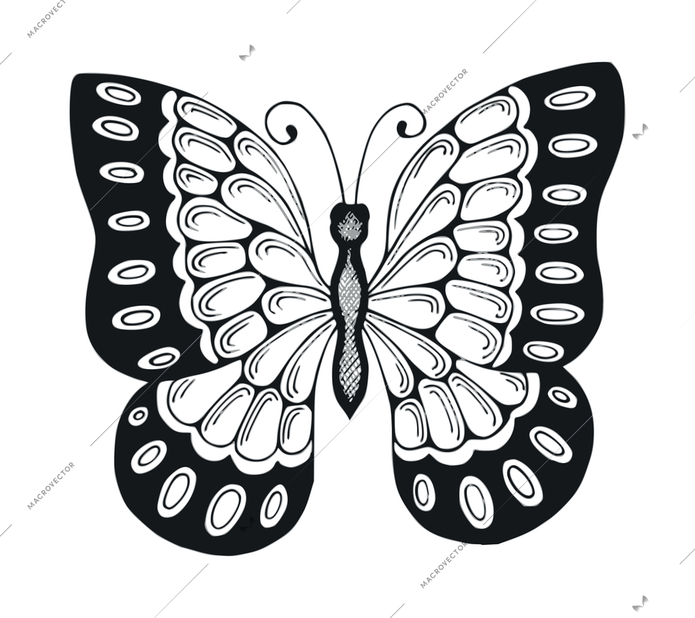 Butterfly black tattoo composition with isolated image of monochrome insect with ornate wings vector illustration